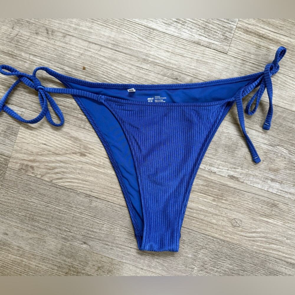 Aerie Women’s Sz Medium Cheekiest Bikini Bottoms Blue Ribbed Side Ties